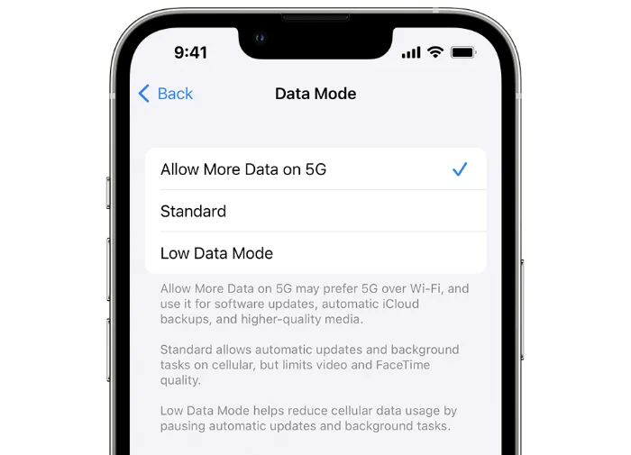 Options de données iPhone 5G